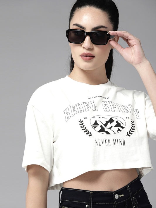 White Printed Round Neck Tshirt